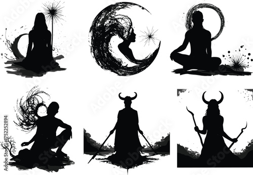 Mystical silhouette fantasy illustration, magical figures, moon goddess, horned warrior, abstract aura, spiritual meditation, dark art, enchanted scene, surreal design