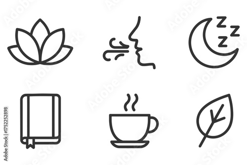 A series of icons for different activities, including reading, drinking coffee, and sleeping. The icons are all in black and white. Vector. 