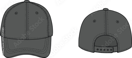 Baseball cap illustration, technical fashion flat, adjustable strap design, curved brim, structured crown, ventilation eyelets, casual headwear, unisex style