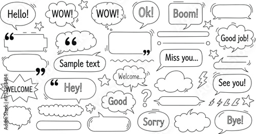 Set of Various Speech Bubbles with Greetings and Expressions on White Background