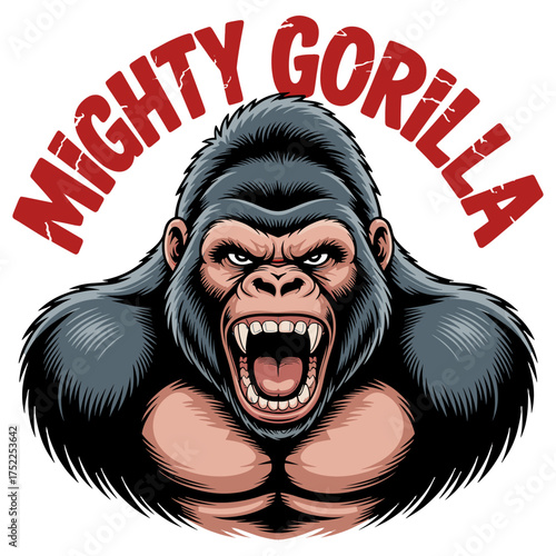 Aggressive gorilla roaring with text MIGHTYGORILA primate animal