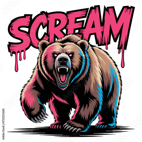 Aggressive grizzly bear with mouth open roaring and dripping pink text that says SCREAM against a white background