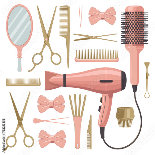 Assortment of Pink and Gold Hairdressing Tools and Accessories hairdryer scissors