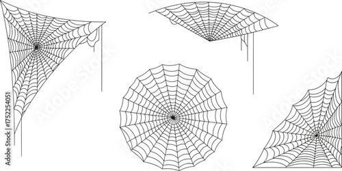 Spiderweb Set with Various Shapes on Transparent Background, Line Art Style, Web Halloween