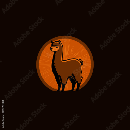 Brown llama standing within a sunburst circle