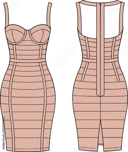 Bodycon dress illustration, technical fashion flat, women apparel design, sweetheart neckline, racerback style, contour seams, zipper back, evening wear