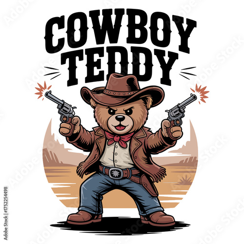 Cartoon cowboy teddy bear with two revolvers and western background Keywords: teddy bear, cowboy, western, guns, revolvers, hat, jacket, belt, jeans, boots, cute, animal, character, illustration