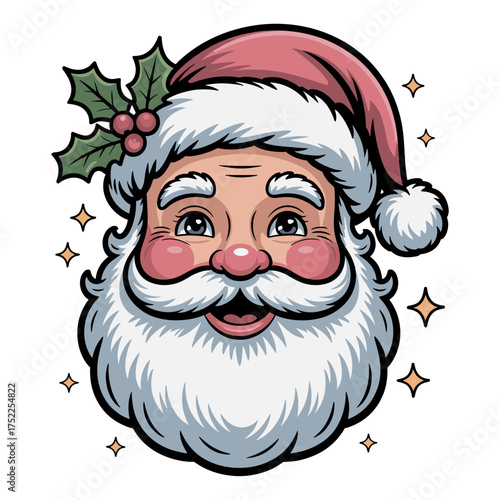 Cheerful Santa Claus Face with Holly and Sparkles Keywords: Santa Claus, Christmas, holiday, winter, festive, jolly, happy, cheerful, beard, mustache, red hat, holly, berries, mistletoe, stars