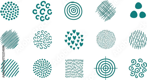 Teal Abstract Hand Drawn Shapes on White Circles, Hearts, Swirls, Lines Pattern