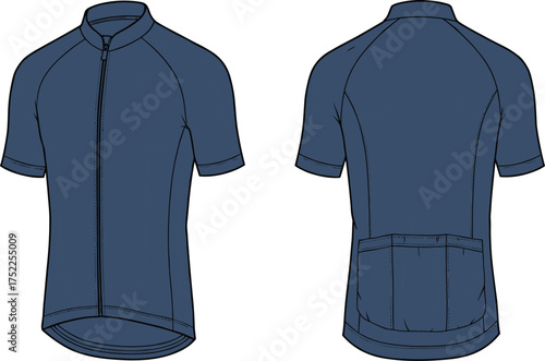 Cycling jersey illustration, technical fashion flat, men activewear design, short sleeve, full zipper, raglan sleeves, rear pockets, performance apparel