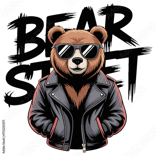 Cool Bear Wearing Sunglasses And Leather Jacket With Graffiti Style Text animal biker jacket
