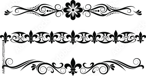 Three Black Ornamental Dividers with Floral and Fleurdelis Elements on White