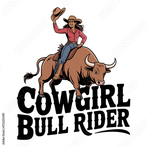 Cowgirl Riding a Bull with Cowboy Hat Raised Keywords: cowgirl, bull rider, bull riding, rodeo, western, cowboy, cowgirl hat, riding, equestrian, action, sport, female rider, power, strength, wild