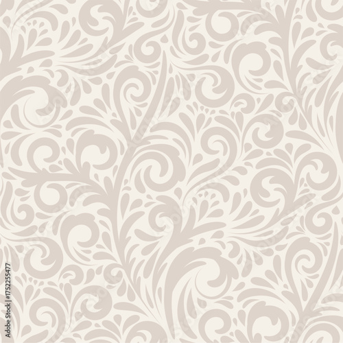 Ornate Seamless pattern. Lace damask background with dense swirls in beige color for invitations, textiles, wallpapers. Monochrome classic backdrop
