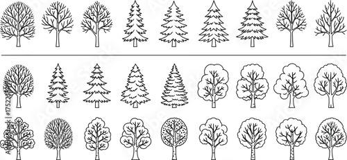 Tree Icons Line Art Set, Assorted Deciduous and Evergreen Trees, Transparent