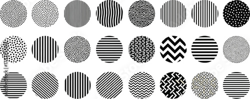 Twenty four Circular Shapes with Dots, Waves, Lines and Zigzags Pattern on White