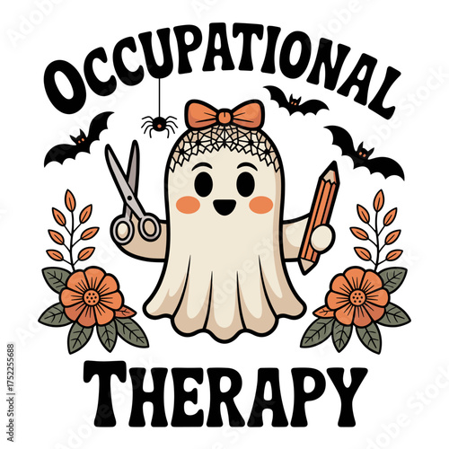 Cute Ghost Occupational Therapist with Scissors Pencil and Bats occupational therapy halloween