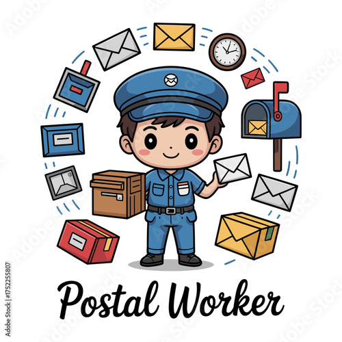 Cute postal worker surrounded by mail and packages with text mail carrier postman