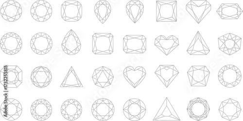 Variety of Diamond Shapes on White Background, Round, Square, Heart, Triangle Design