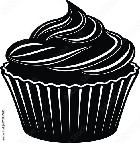 Black Silhouette of Chocolate Cupcake with Cream Frosting Isolated on Transparent Background