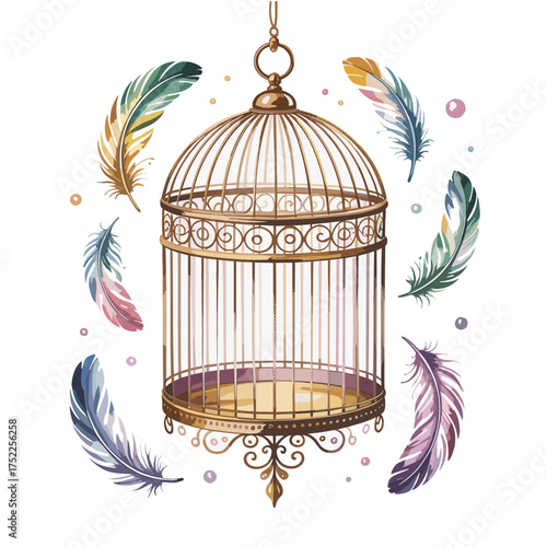 Decorative golden birdcage surrounded by colorful feathers and floating orbs ornate antique