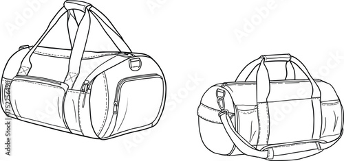 Duffel bag illustration, technical product sketch, travel luggage design, shoulder strap, zippered pockets, padded handles, sports bag, carryall