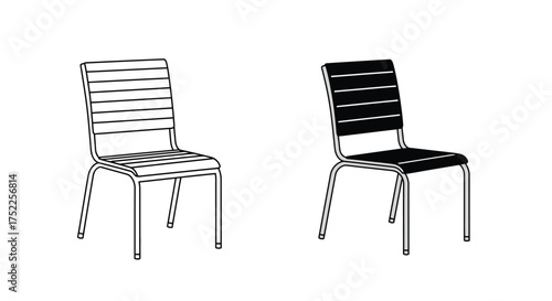 Two metal chairs with slatted designs presented in a simple illustration
