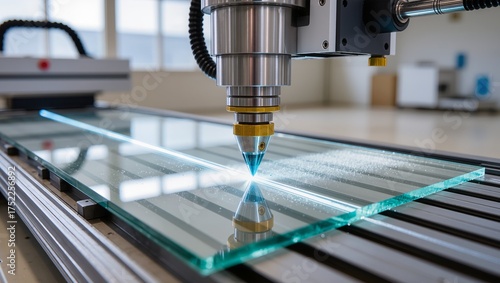 Automated glass cutting machine scoring a large glass sheet with precision cutting head and fine glass dust, ideal for manufacturing, engineering, and industrial stock visuals