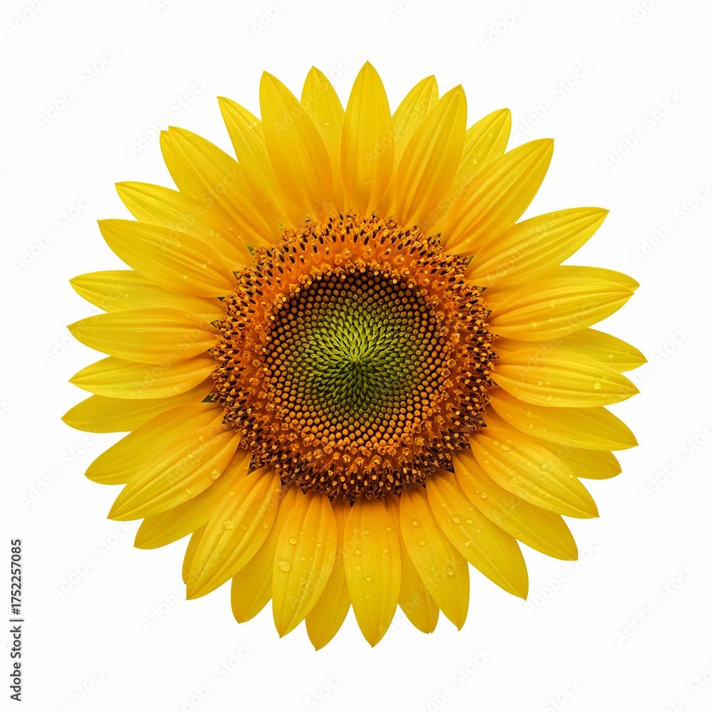 Fototapeta premium Isolated bright yellow sunflower blossom close up on white background for summer and spring time use