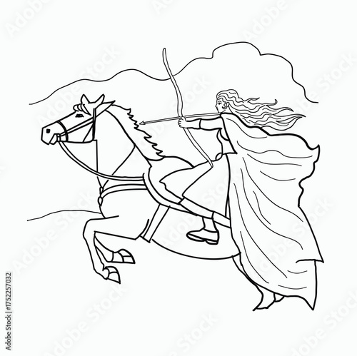 Brave Medieval Warrior Woman Archer Riding Swiftly on Horseback with Bow and Arrow in a Dynamic Fantasy Adventure Scene