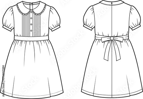 Girls dress illustration, technical fashion flat, puff sleeve design, Peter Pan collar, lace trim, gathered skirt, sash bow, children apparel