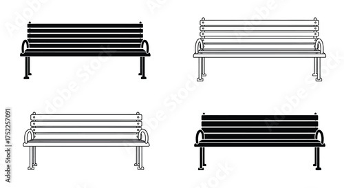 Four variations of park benches displayed in black and white tones