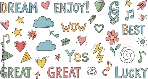 Words with Positive Connotation, Doodle Style Elements on White Background