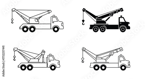 Simple black and white illustrations of tow trucks in various perspectives