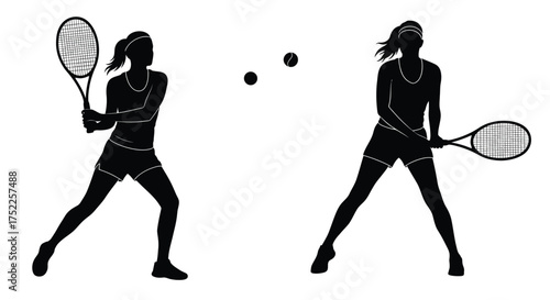 Two female tennis players in silhouette preparing for a rally