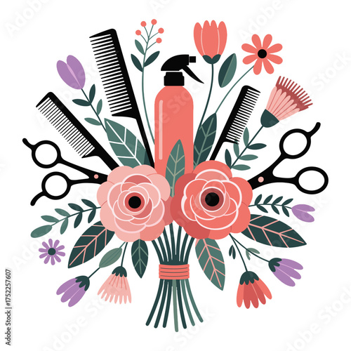 Hair salon bouquet with scissors combs spray bottle and flowers beauty hairdresser