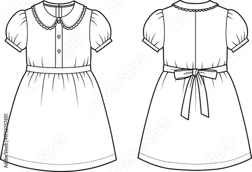 Girls dress illustration, technical fashion flat, puff sleeve design, Peter Pan collar, scalloped trim, gathered skirt, sash bow, children apparel