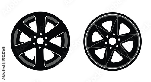 Two black alloy wheels displayed on a plain white background image
