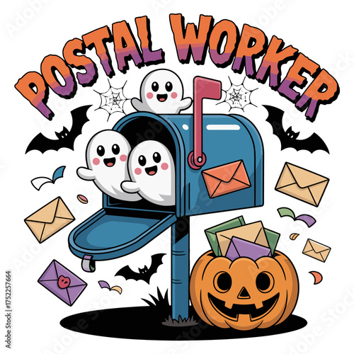 Halloween Postal Worker Theme with Ghosts, Bats, Mailbox, and Pumpkin Keywords: Halloween, postal worker, ghost, bat, mailbox, pumpkin, mail, envelope, spider web, spooky, cute, cartoon