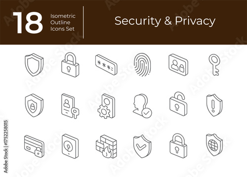 Isometric E-commerce Security and Privacy Outline Icons Minimalist Vector Set for Digital Protection and Safe Transactions