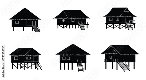 Collection of traditional stilt houses illustrated in a simple black and white style