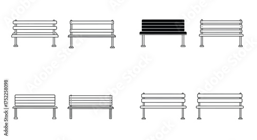 Simple line art illustration showing multiple park benches in a row