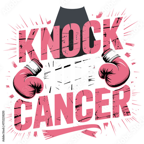 Knock Cancer Boxing Gloves and Spotlight Graphic Keywords: cancer, knock, fight, boxing, gloves, pink, spotlight, struggle, hope, awareness, support, strength, courage, victory, health, medical