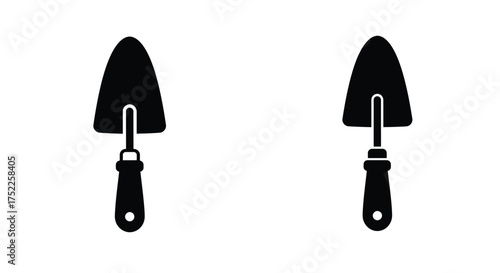 Simple black and white illustration of two gardening trowels displayed side by side