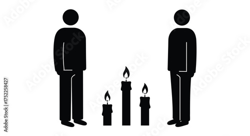 Two silhouetted figures stand facing each other with lit candles between them