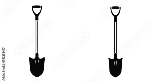 Two black shovels with silver shafts depicted on a white background