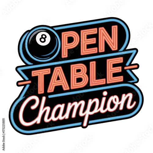 Open Table Champion Billiards 8 Ball Logo with Neon Style Text pool game