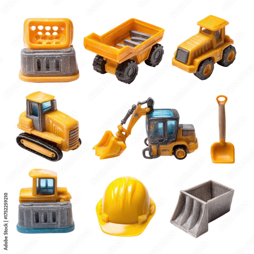 Fototapeta premium A collection of miniature construction vehicles and a hard hat arranged on a transparent background
