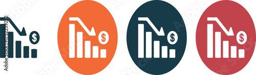 Bar chart with downward arrow and dollar sign downward trend financial graph