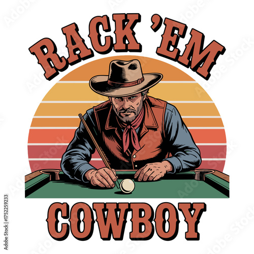 Rack ' Em Cowboy Playing Pool with Cue Stick and Billiard Ball rack 'em cowboy billiards